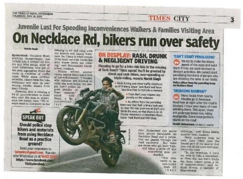 Times of India · Hyderabad clipping: On Necklace Road, bikers run over safety