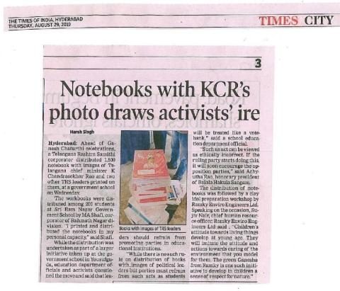 Times of India · Hyderabad clipping: Notebooks with K Chandrasekhar Rao's photo draw activists' ire
